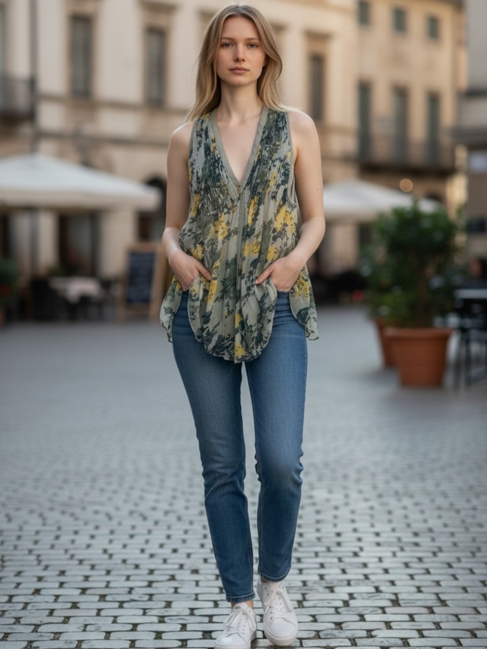 Elizabeth and James Sleeveless Floral Top in Sage Green and Yellow